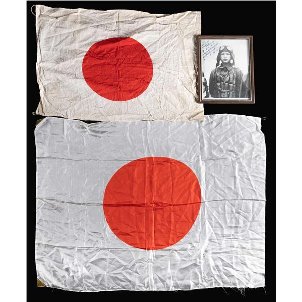 LARGE AUTOGRAPHED PHOTO OF JAPANESE FLYER & FLAGS.