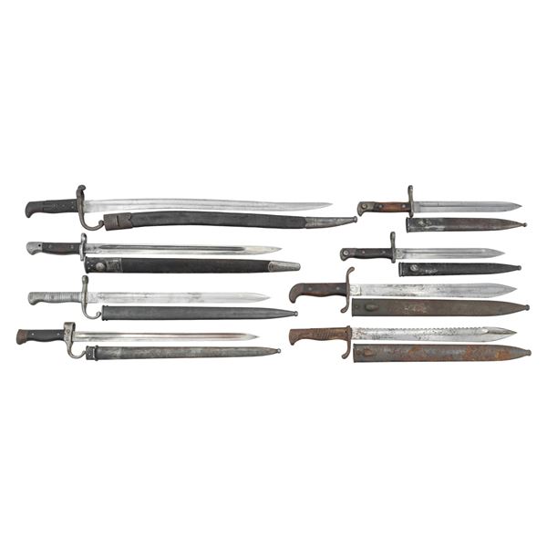 7 BAYONETS & 1 ARTILLERY SHORT SWORD.