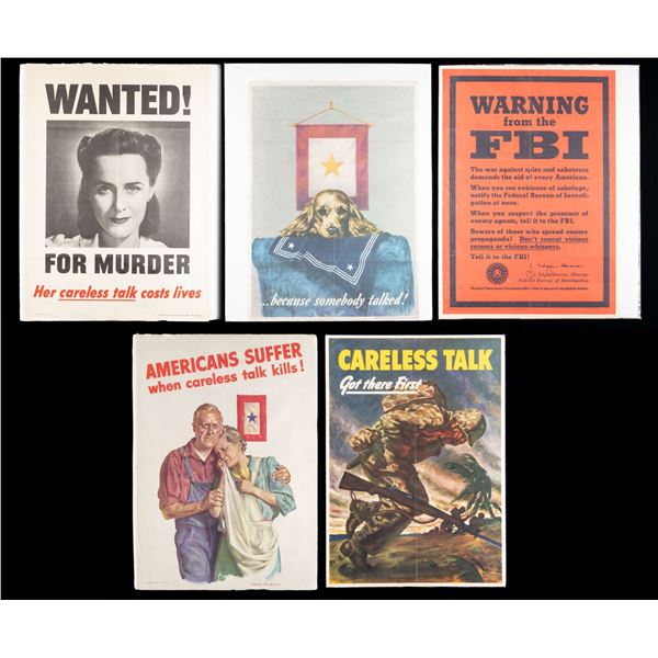5 WWII POSTERS RELATING TO CARELESS TALK & SPYING.