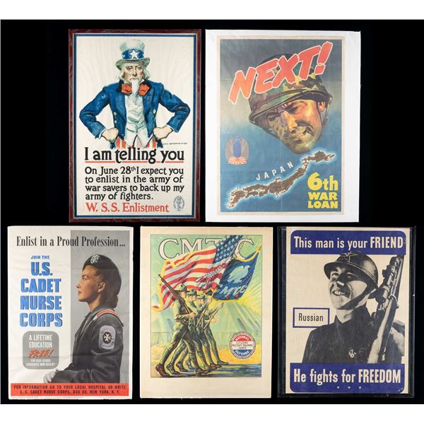 5 WWI AND WWII PATRIOTIC POSTERS.