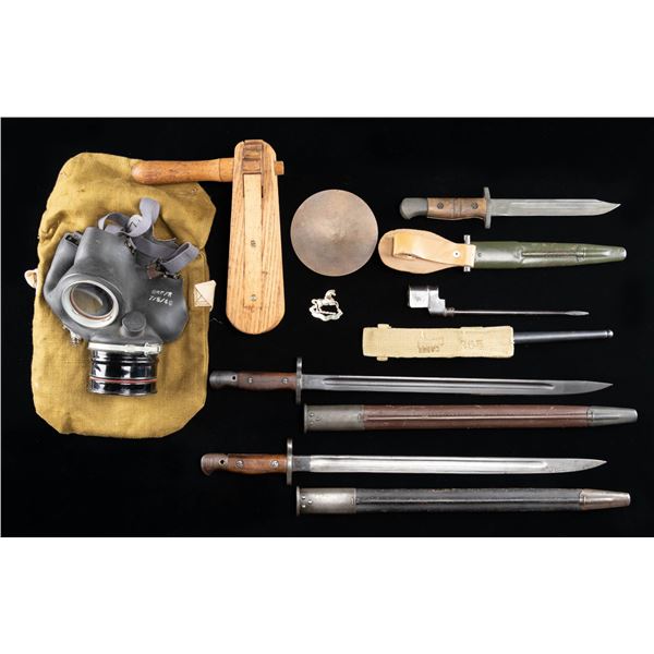 WWI ERA BRITISH GAS MASK, RATTLE, BAYONETS & MORE.
