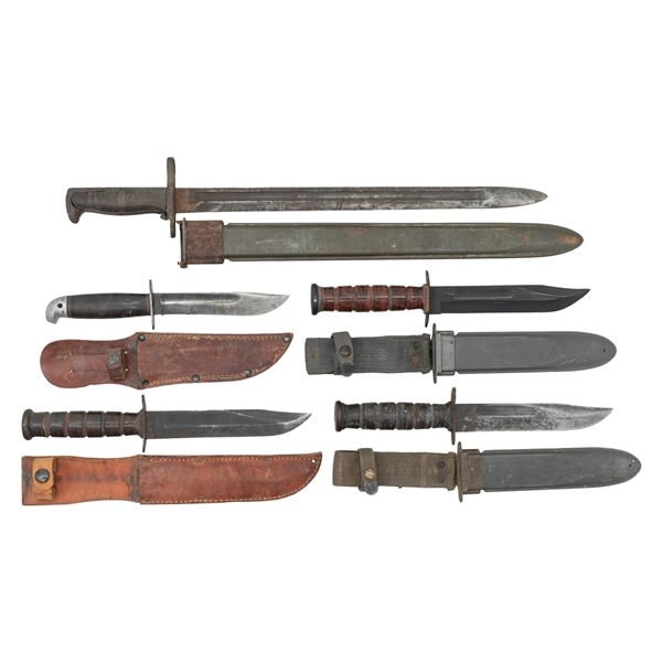 LOT OF 5 US BAYONETS & KNIVES.