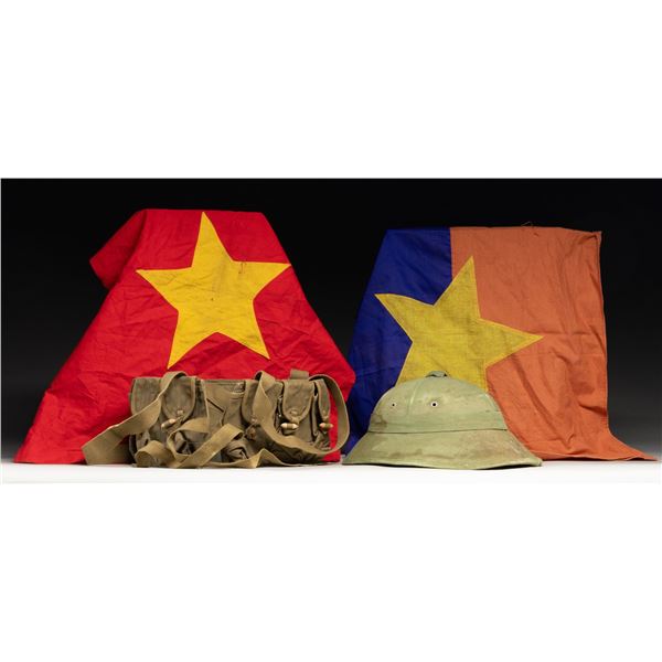 NORTH VIETNAMESE HAT, CARTRIDGE BELT AND FLAGS.