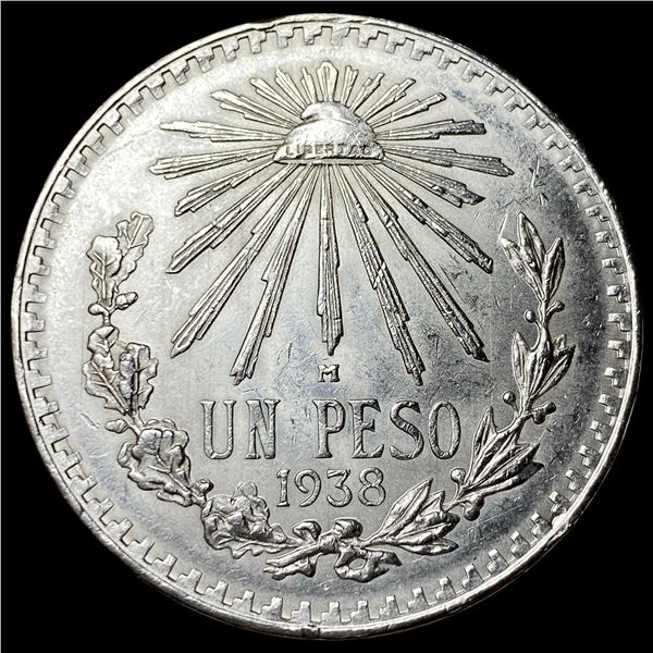 1938 Silver 1 Peso Mexico M Mint Mark UNCIRCULATED