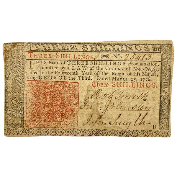 1776 Mar 25, 1776 3 Shillings New Jersey (Fr. NJ177)