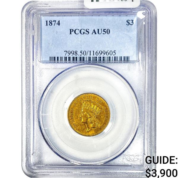 1874 $3 Gold Piece PCGS AU50