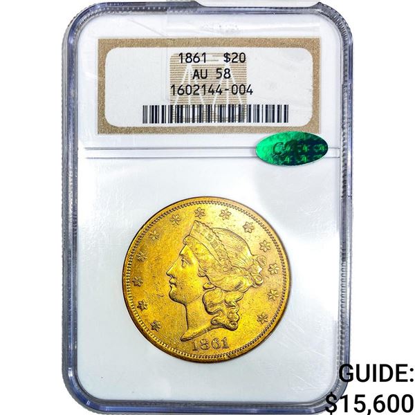 1861 CAC $20 Gold Double Eagle NGC AU58