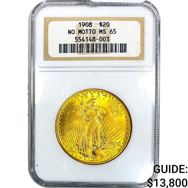 1908 $20 Gold Double Eagle NGC MS65 No Motto