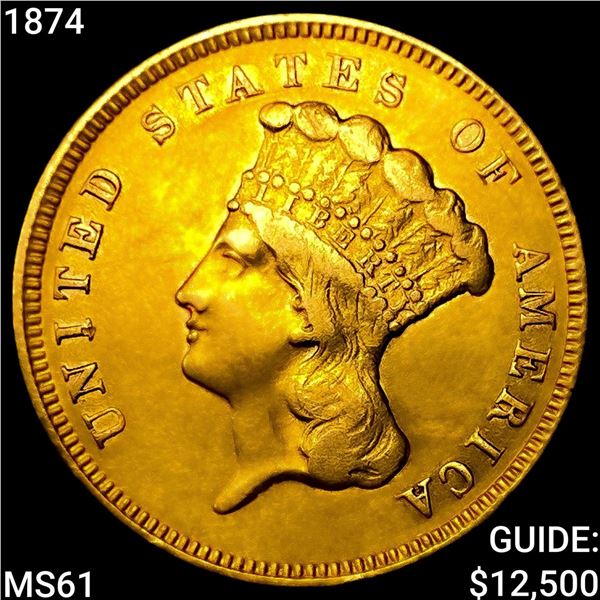1874 $3 Gold Piece UNCIRCULATED