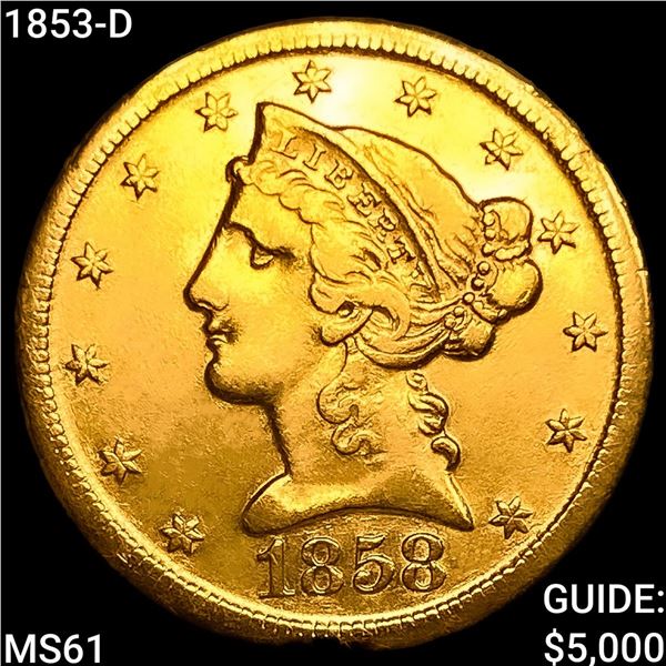 1858-D $5 Gold Half Eagle UNCIRCULATED
