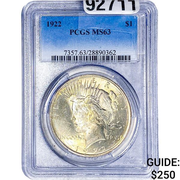 1922 Silver Peace Dollar PCGS MS63