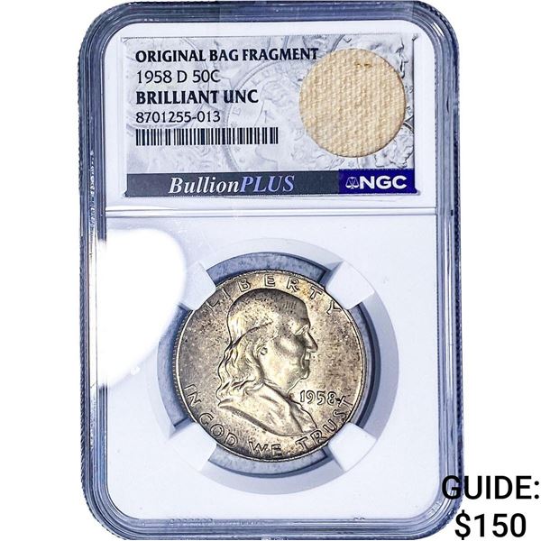 1958-D Franklin Half Dollar NGC BU Orig. Bag Frag.
