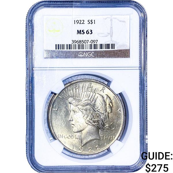1922 Silver Peace Dollar NGC MS63