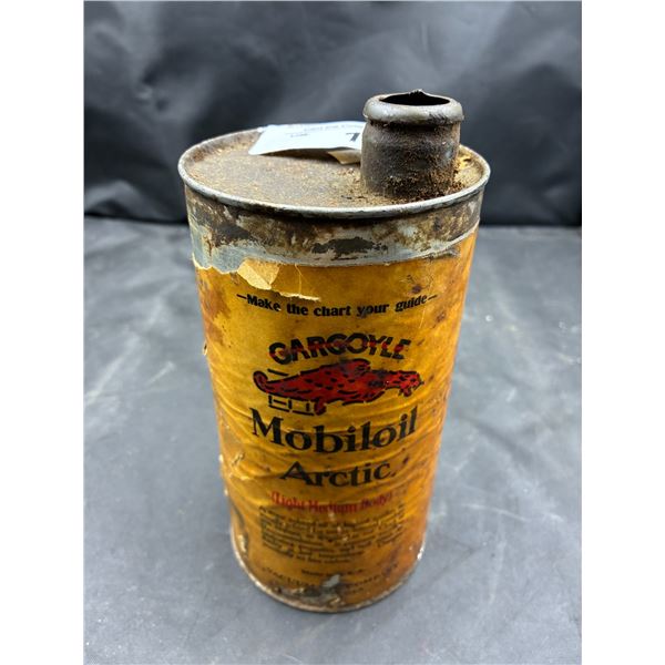Early 1920s gargoyle Mobiloil Arctic oil can with spout, paper label