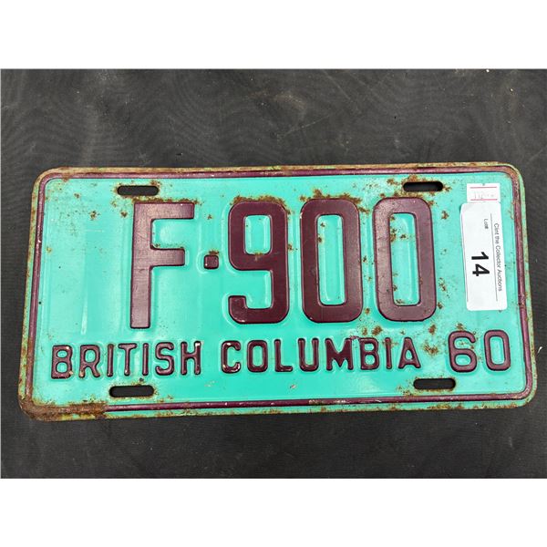 Vintage 1960 BC license plate