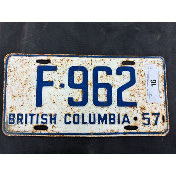 Vintage 1957 BC license plate