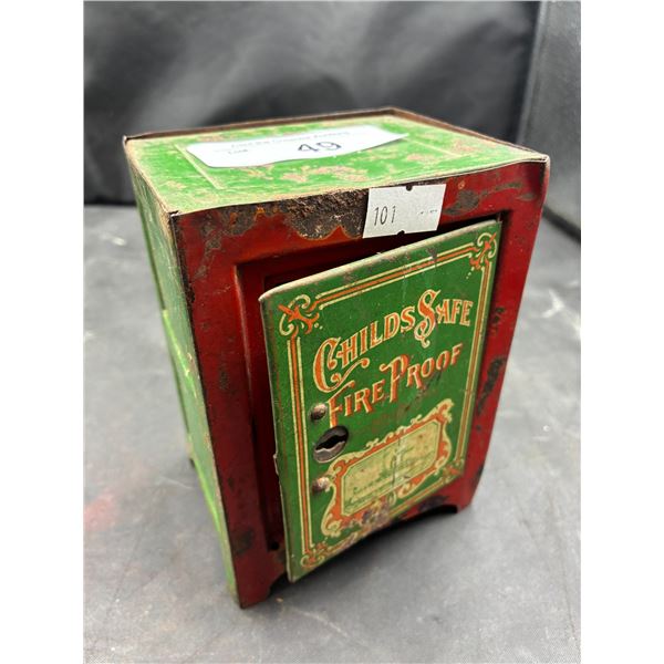 Antique rare 1905 childs safe tin bank, 5.5", great navy ships graphics