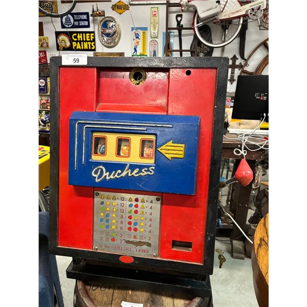Vintage Duchess one arm bandit slot machine, workings unknown 27.5" tall