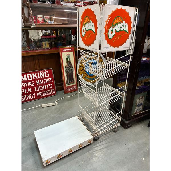 Rare vintage metal Orange Crush rack with fold down side base 57" tall