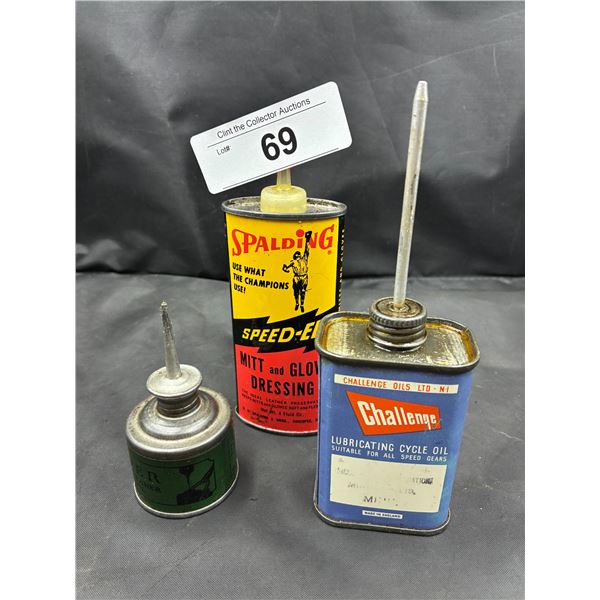 3 vintage hand oilers, Hoover, Challenge & Spalding