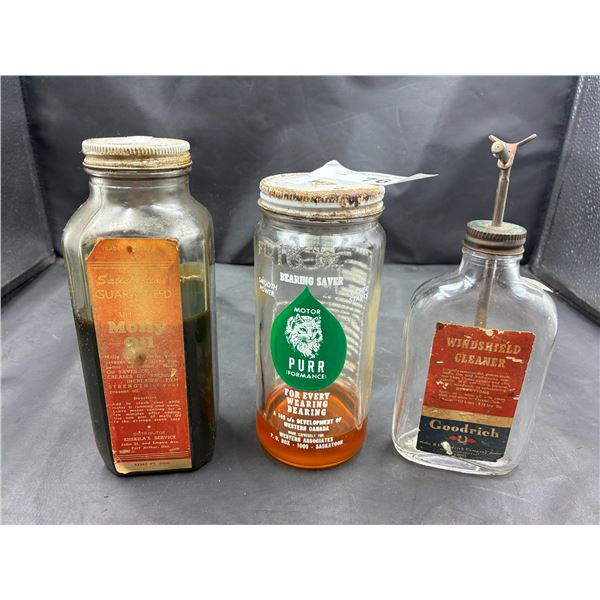3 vintage glass vessels, motor oil etc