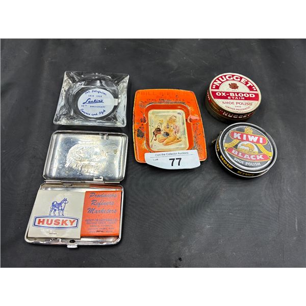 Vintage collectable lot inc 2 ashtrays, 2 tins & Jack Daniels cigarette case