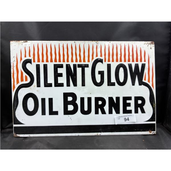 Vintage tin Silent Glow Oil Burner sign 18"x11"