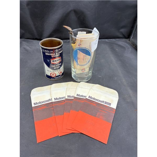 Vintage collectable lot inc Nortstar cup with contents, Texaco fuel can, 5 Motorcraft envelopes