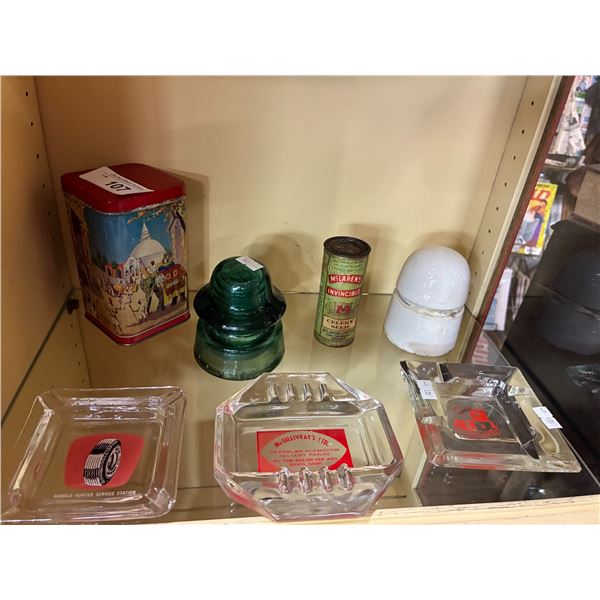 Vintage collectable lot inc 3 ashtrays, 2 insulators & 2 tins