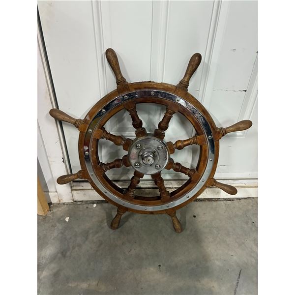 Vintage wooden ship's wheel with chrome trim 28"