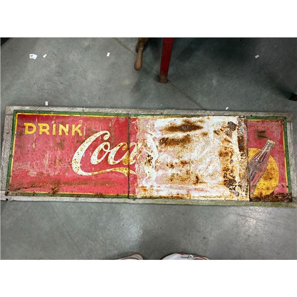 Rugged 50s or older salvaged Coke sign mounted on wood in 3 pieces 57"x19"