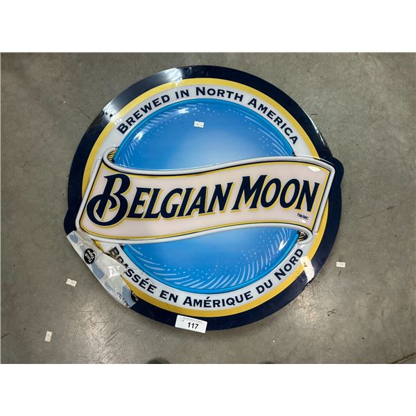 Vintage Belgian Moon beer sign, some damage as seen 25" dia