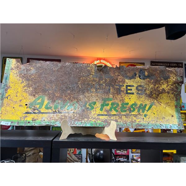 Rugged salvaged lower half of metal Black Cat Tobacco sign 57"x22"