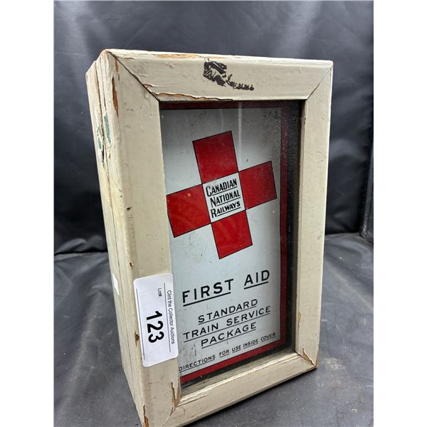 Vintage CNR tin first aid kit inside wooden windowed box, very cool 10" tall