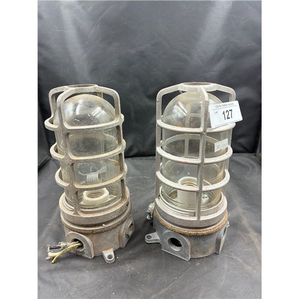 2 industrial caged lights 9" tall