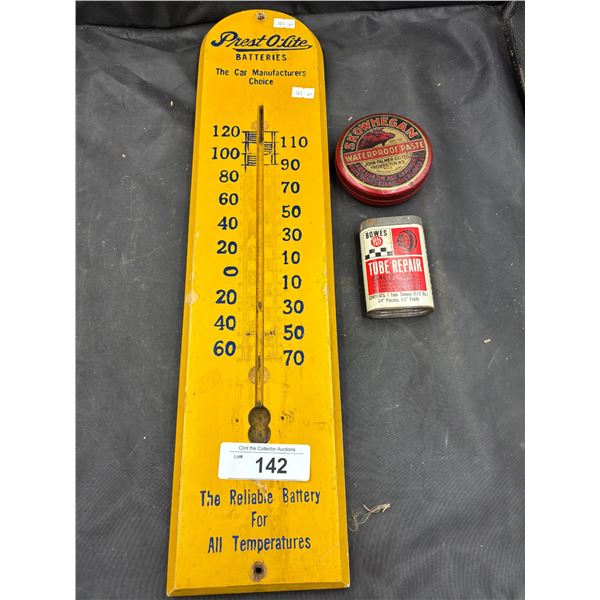 Vintage prest o-lite wooden thermometer no glass & 2 vintage tins
