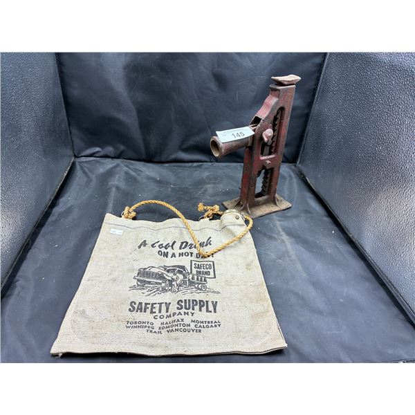 Vintage camping canvas flask bag plus antique metal car jack
