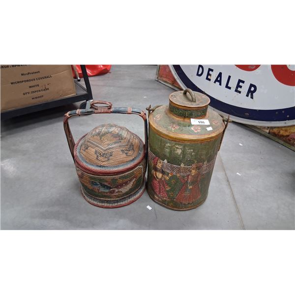 Vintage ornately painted milk can 18" & woven basket 17"