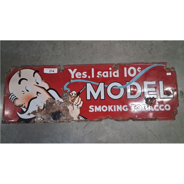 Vintage porcelain Model smoking tobacco sign 32"x10"