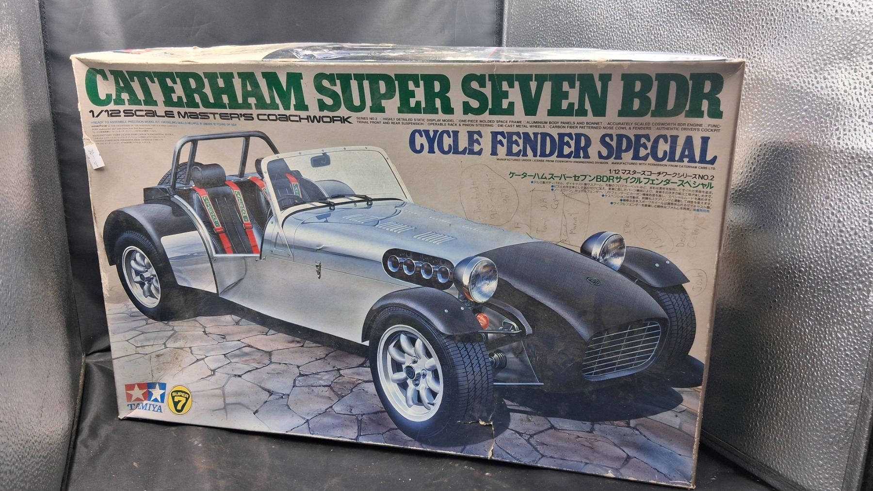 Vintage Caterham Super Seven BDR 1:12 scale car model kit box is 22