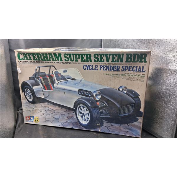 Vintage Caterham Super Seven BDR 1:12 scale car model kit box is 22"x14"
