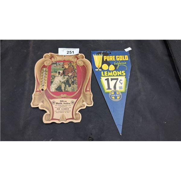 2 lovely vintage cardboard advertising pieces, Texaco thermometer, Lemons of California, largest 10.