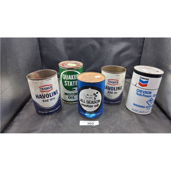 5 vintage oil tins, Texaco, Sears etc