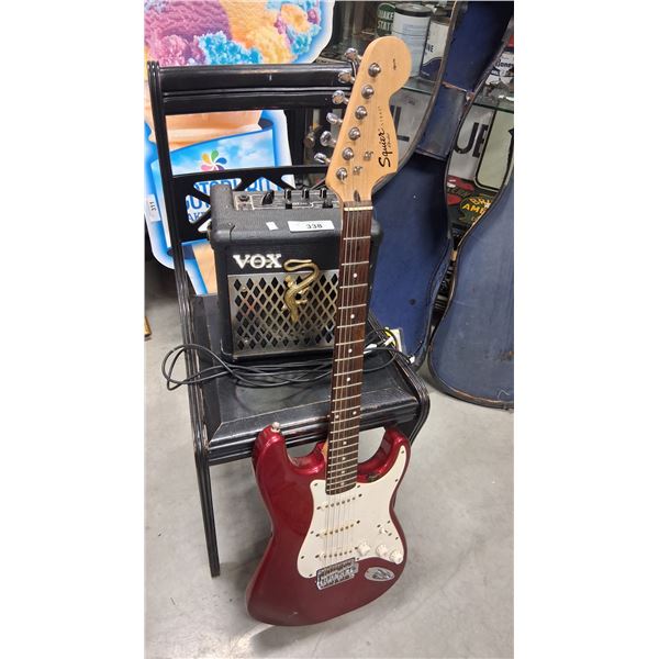 Vintage Squire Stratocaster electric guitar with case and Vox amp