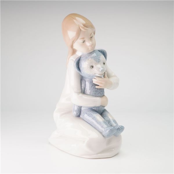 NAO by Lladro Glazed Porcelain Figurine, Girl with Blue Teddy Bear