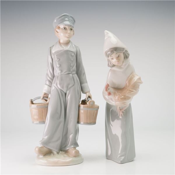 Two Lladro Porcelain Figurines, Boy with Pails 01004811 and Dutch Girl with Rooster 01004677