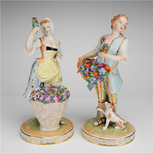 A Pair of Carl Thieme Dresden Porcelain Figurines, Man and Woman Selling Flowers