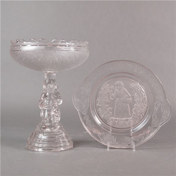 A Two-Piece Lot of EAPG Hobbs Brockunier Compote and Handled Plate