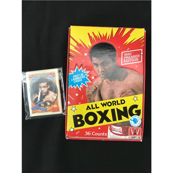 1991 AW SPORTS INC PREMIER EDITION BOXING TRADING CARD BOX AND JOE LOUIS TRADING CARD IN SLEEVE
