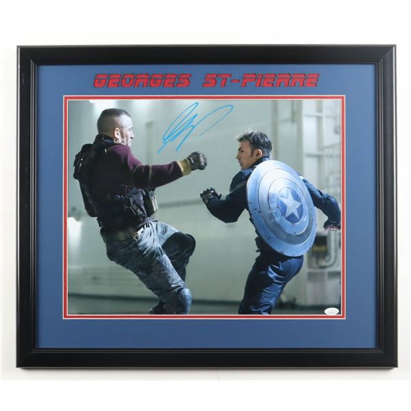GEORGE ST PIERRE SIGNED AND FRAMED CAPTAIN AMERICA 16 X 20 (JSA COA)